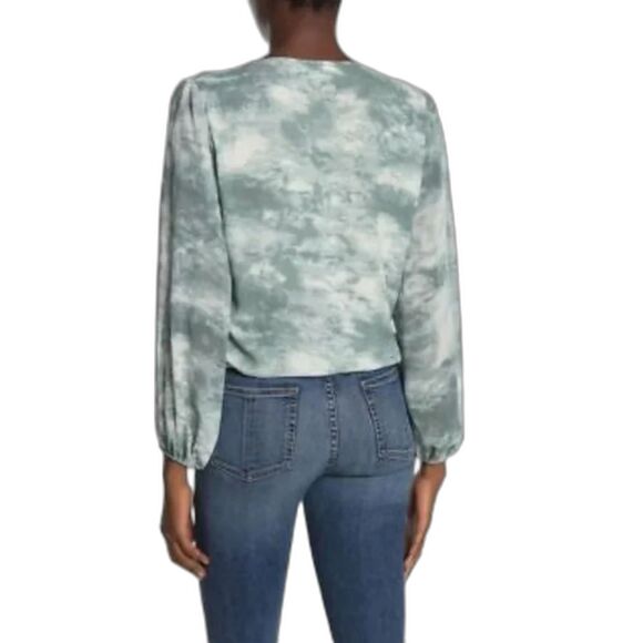 ASTR The Label Green White Faux‎ Wrap Flowy Balloon Sleeve Blouse Womens Size S - Picture 8 of 8